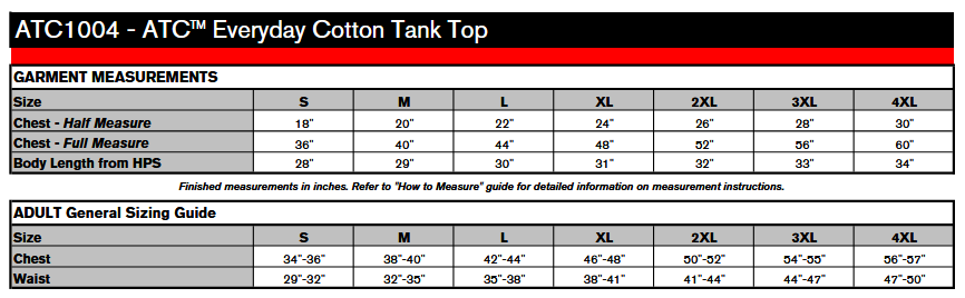 ATC 1004 Tank Top Sizing Chart