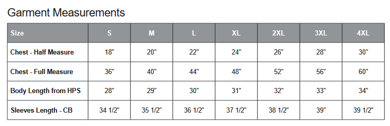 ATC 1015 Long Sleeve Sizing Chart