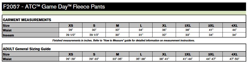 ATC F2057 Pants Sizing Chart