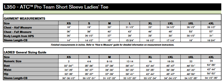 ATC L350 T-Shirt Sizing Chart
