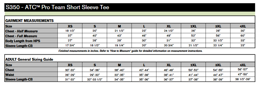 ATC S350 T-Shirt Sizing Chart