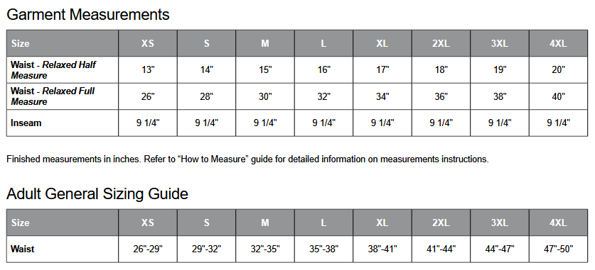ATC S355 Shorts Sizing Chart