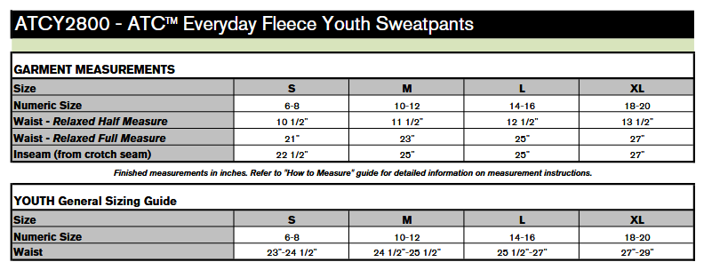 ATC Y2800 Sweatpants Sizing Chart