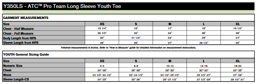 ATC Y350LS Pro Team Long Sleeve Sizing Chart