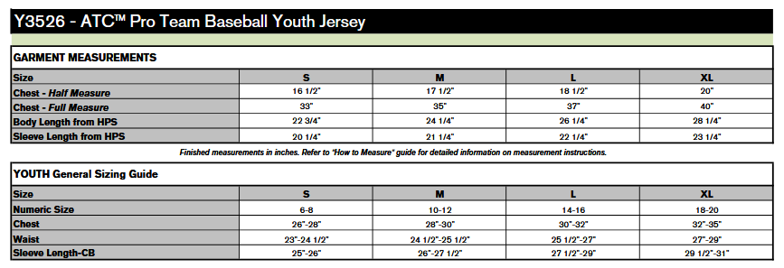 ATC Y3526 Pro Team Baseball Jersey Sizing Chart