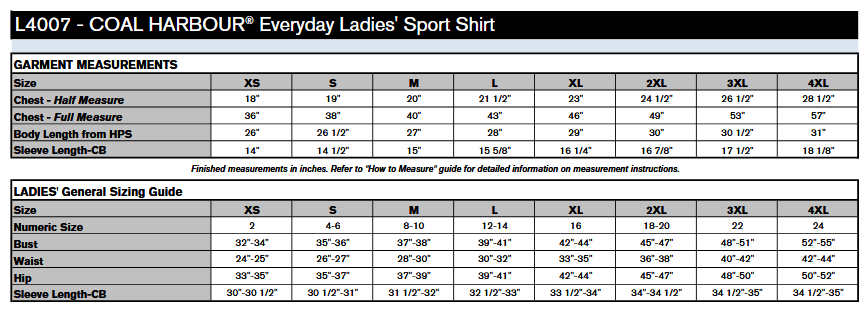 Coal Harbour L4007 Polo Sizing Chart