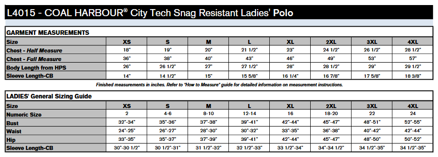 Coal Harbour L4015 Polo Sizing Chart
