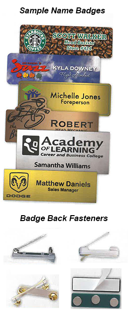custom name badge and fastener samples